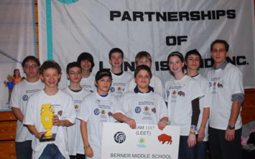 Pictured is Berner Middle School’s Team Elite 1337 of Massapequa, NY. They stand victorious as the champions of the SBPLI-LI FIRST LEGO League Tournament in 2008.